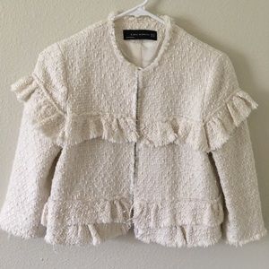 Cropped Cream Tweed Zara Jacket with Ruffles